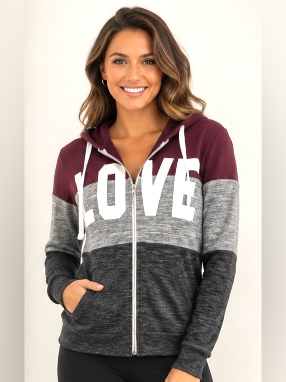 NWT Reflex LOVE Colorblock Full Zip Hoodie Jacket Burgundy Gray M